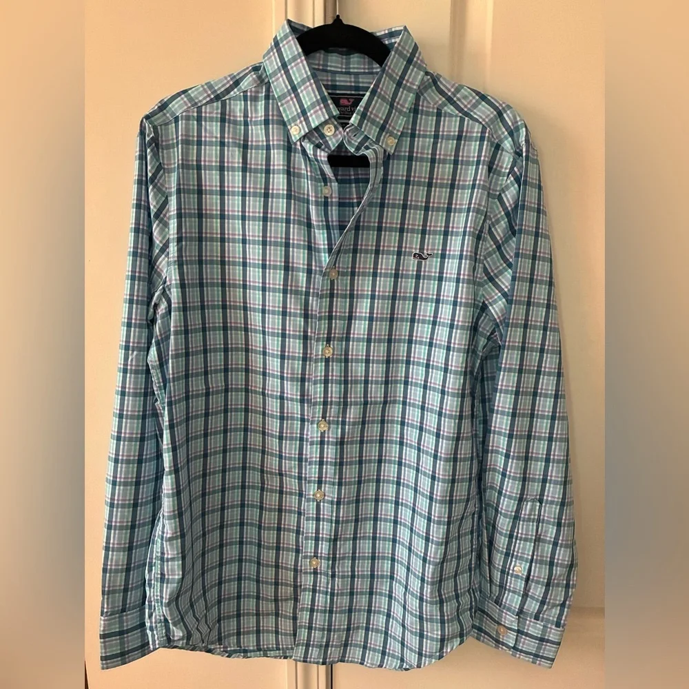 Vineyard Vines Green and Blue Checkered button down collar Shirt
